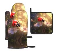 WZYWHJ Lovely Ladybug stampato guanti da forno e presina set 3 pezzi ispessito lungo guanto da cucina