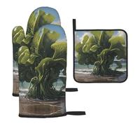 WZYWHJ Magical Seaweed Pattern Guanti da forno e presine, set da 3 pezzi, guanto da cucina lungo ispessito