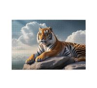 WZYWHJ Majestic Tiger - Puzzle in legno, 1000 pezzi, motivo: tigre su una roccia con cielo nuvoloso, per adulti e bambini, perfetto per divertimento in famiglia, sollievo dallo stress