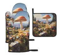 WZYWHJ Mushrooms on the hillside guanti da forno stampati e presine set 3 pezzi ispessito lungo guanto da cucina