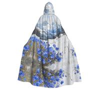 WZYWHJ Piccoli fiori blu sotto la montagna della neve Stampato Aldult Cosplay Poncho con cappuccio Mantello per uomini e donne Halloween Party