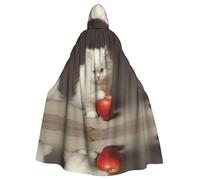 WZYWHJ Piccolo gatto bianco mangia mela stampato aldult Cosplay Poncho con cappuccio mantello per uomini e donne Halloween Party