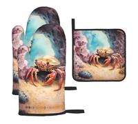 WZYWHJ Piccolo granchio sotto le rocce stampato guanti da forno e pentola rack set 3 pezzi ispessito lungo guanto da cucina