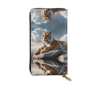 Wzywhj Portafoglio lungo da donna in pelle alla moda con scomparti multipli e cerniera Design Majestic Tiger appoggiato su una roccia con motivo cielo nuvoloso, Nero , Taglia unica