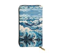Wzywhj Portafoglio lungo da donna in pelle alla moda con scomparti multipli e cerniera design Ukiyo-E stile onde immagine, Nero , Taglia unica