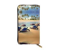 Wzywhj Portafoglio lungo da donna in pelle alla moda con scomparti multipli e cerniera disegno tartarughe sulla spiaggia immagine, Nero , Taglia unica