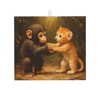 WZYWHJ Scimmia e gattino che si tengono per mano Tappetino scolapiatti stampato per cucina: realizzato in spugna assorbente d'acqua, con cordino per appendere 45,7 x 40,6 cm