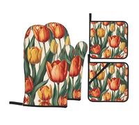 WZYWHJ Set di 4 guanti da forno e presine per cucina, cottura alla griglia, motivo a tulipani