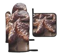 WZYWHJ Set di guanti da forno e presine con motivo stella marina, 3 pezzi, guanto da cucina lungo ispessito