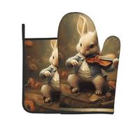 WZYWHJ Set di guanti da forno e presine con stampa di coniglietto che suona il violino per cucinare, forno a microonde, grigliare, con design con cordino