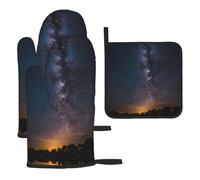 WZYWHJ Shining Night Sky, guanti da forno stampati e presine, set da 3 pezzi, guanto da cucina lungo ispessito