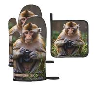 WZYWHJ Smart Monkey Pattern guanti da forno e presine, set da 3 pezzi guanti da cucina lunghi ispessiti