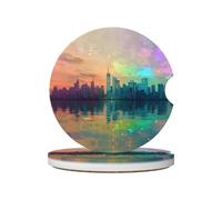 WZYWHJ Sottobicchieri olografici per auto in ceramica di qualità con immagine di città al neon, 2 pezzi | Tappetino antiscivolo per portabicchieri | Accessori per