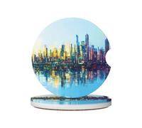 WZYWHJ Sottobicchieri per auto in ceramica di qualità con immagine di città con riflesso olografico, 2 pezzi, tappetino antiscivolo per portabicchieri, accessori per auto