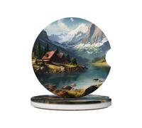 WZYWHJ Sottobicchieri per auto in ceramica di qualità con immagine di foresta pastorale, 2 pezzi, tappetino antiscivolo per portabicchieri, accessori per auto