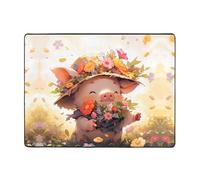 WZYWHJ Tappeti per soggiorno, tappeto runner antiscivolo per asilo nido tappeto da gioco 160 x 122 cm con stampa di piccoli maiali che raccolgono fiori