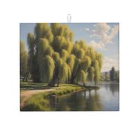 WZYWHJ Tappetino scolapiatti con stampa di alberi di salice vicino al lago, realizzato in spugna assorbente, con cordino per appenderlo, 45,7 x 40,6 cm
