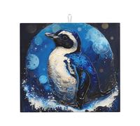 WZYWHJ Tappetino scolapiatti con stampa pinguino blu sulla luna, realizzato in spugna assorbente, con cordino per appenderlo, 45,7 x 40,6 cm
