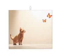 WZYWHJ Tappetino scolapiatti da cucina con immagine di gatto che guarda la farfalla: realizzato in spugna assorbente d'acqua, con cordino per appenderlo, 45,7 x 40,6 cm