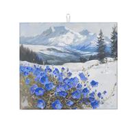 WZYWHJ Tappetino scolapiatti per cucina con piccoli fiori blu sotto la montagna della neve: realizzato in spugna assorbente, con cordino per appenderlo, 45,7 x 40,6 cm