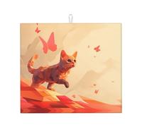 WZYWHJ Tappetino scolapiatti per la cucina con immagine di gatto che insegue una farfalla: realizzato in spugna assorbente, con cordino per appenderlo, 45,7 x 40,6 cm