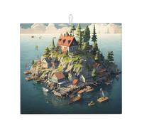 WZYWHJ Tappetino scolapiatti per la cucina, con stampa "Small Town on the Island", realizzato in spugna, assorbe l'acqua, con cordino per appenderlo, 45,7 x 40,6 cm