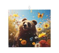 WZYWHJ Tappetino scolapiatti stampato con orso che guarda i fiori per la cucina: realizzato in spugna assorbente, con cordino per appenderlo, 45,7 x 40,6 cm