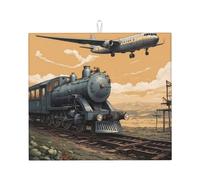 WZYWHJ Tappetino scolapiatti stampato per cucina con aereo sopra il treno: realizzato in spugna assorbente d'acqua, con cordino per appenderlo, 45,7 x 40,6 cm