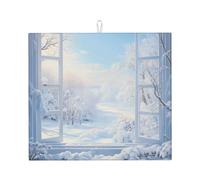 WZYWHJ Tappetino scolapiatti stampato per la cucina con neve fuori dalla finestra: realizzato in spugna assorbente, con cordino per appenderlo, 45,7 x 40,6 cm