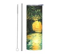 WZYWHJ Tazza in acciaio inox da 590 ml per caffè, ufficio, auto, sport e uso domestico, set da due pezzi con cannuccia magica immagine della grotta