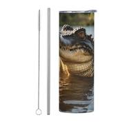 WZYWHJ Tazza in acciaio inox da 590 ml per caffè, ufficio, auto, sport e uso domestico, set di due pezzi con cannuccia enorme immagine di coccodrillo