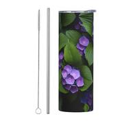 WZYWHJ Tazza in acciaio inox da 590 ml - Tazza ecologica di qualità con coperchio sigillabile e cannuccia effetto isolante, set da due pezzi, bella ortensia stampata