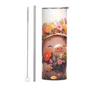 WZYWHJ Tazza in acciaio inox da 590 ml - Tazza ecologica di qualità con coperchio sigillabile e cannuccia effetto isolante, set da due pezzi con stampa di piccoli maiali che raccolgono fiori