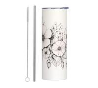 WZYWHJ Tazza in acciaio inox da 590 ml - Tazza ecologica di qualità con coperchio sigillabile e cannuccia effetto isolante, set da due pezzi, belle linee di fiori stampati