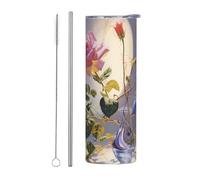 WZYWHJ Tazza in acciaio inox da 590 ml - Tazza ecologica di qualità con coperchio sigillabile e cannuccia effetto isolante, set da due pezzi con stampa Morning Glory e Rose