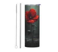 WZYWHJ Tazza in acciaio inox da 590 ml - Tazza ecologica di qualità con coperchio sigillabile e cannuccia effetto isolante, set da due pezzi con piccoli fiori rossi sotto la pioggia stampati