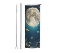 WZYWHJ Tazza in acciaio inox da 590 ml - Tazza ecologica di qualità con coperchio sigillabile e cannuccia effetto isolante, set da due pezzi con stampa luna sotto il mare