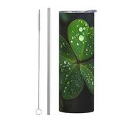 WZYWHJ Tazza in acciaio inox da 590 ml - Tazza ecologica di qualità con coperchio sigillabile e cannuccia effetto isolante, set da due pezzi con trifoglio a tre foglie sparse di gocce d'acqua stampate