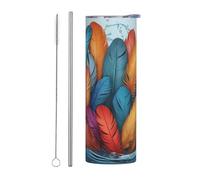 WZYWHJ Tazza in acciaio inox da 590 ml - Tazza ecologica di qualità con coperchio sigillabile e cannuccia effetto isolante, set da due pezzi con piume colorate in stampa ad acqua