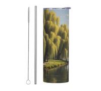 WZYWHJ Tazza in acciaio inox da 590 ml - Tazza ecologica di qualità con coperchio sigillabile e cannuccia effetto isolante, set da due pezzi con stampa di alberi di salice vicino al lago