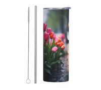 WZYWHJ Tazza in acciaio inox da 590 ml - Tazza ecologica di qualità con coperchio sigillabile e cannuccia effetto isolante, set da due pezzi con tulipani sotto la pioggia stampati
