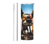 WZYWHJ Tazza in acciaio inox da 590 ml - Tazza ecologica di qualità con coperchio sigillabile e cannuccia effetto isolante, set da due pezzi con stampa artistica di cane scarabocchio