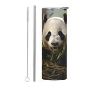 WZYWHJ Tazza in acciaio inox da 590 ml - Tazza ecologica di qualità con coperchio sigillabile e cannuccia effetto isolante, set da due pezzi, bellissimo panda gigante stampato