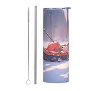 WZYWHJ Tazza in acciaio inox da 590 ml - Tazza ecologica di qualità con coperchio sigillabile e paglia effetto isolante, set da due pezzi con stampa in slittino su una collina innevata