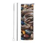 WZYWHJ Tazza in acciaio inox da 590 ml - Tazza ecologica di qualità con coperchio sigillabile e paglia effetto isolante, set da due pezzi, serpente su pietre colorate stampate