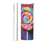 WZYWHJ Tazza in acciaio inox da 590 ml - Tazza ecologica di qualità con coperchio sigillabile e paglia effetto isolante, set da due pezzi con sfondo colorato stampa lecca-lecca