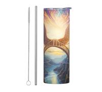 WZYWHJ Tazza in acciaio inox da 590 ml - Tazza ecologica di qualità con coperchio sigillabile e paglia effetto isolante, set da due pezzi con ali sul ponte arcobaleno stampato