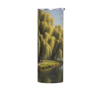 WZYWHJ Tazza in acciaio inox da 590 ml - Tazza ecologica di qualità con coperchio sigillabile ed effetto isolante, senza accessori, stampa con alberi di salice vicino al lago