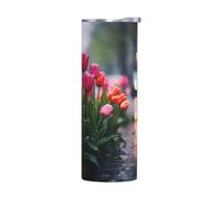 WZYWHJ Tazza in acciaio inox da 590 ml - Tazza ecologica di qualità con coperchio sigillabile ed effetto isolante, senza accessori, stampa con tulipani sotto la pioggia