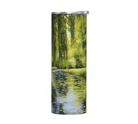 WZYWHJ Tazza in acciaio inox da 590 ml - Tazza ecologica di qualità con coperchio sigillabile ed effetto isolante, senza accessori, motivo: alberi di salice vicino al laghetto stampato